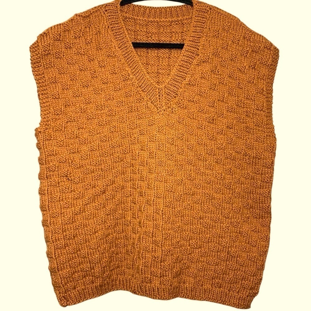 Handknit Knit Sweater Vest One Size M/L Burnt Orange Brown V Neck Boho Academia
